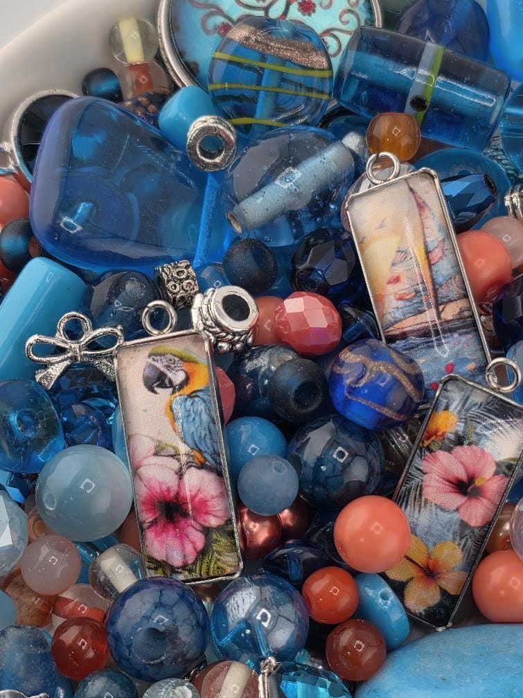 Paradise Cove Bead Soup Mix | Ocean Blue and Coral Glass Beads | Tropical Parrot and Hibiscus Cabochon Pendants | DIY Jewelry Making