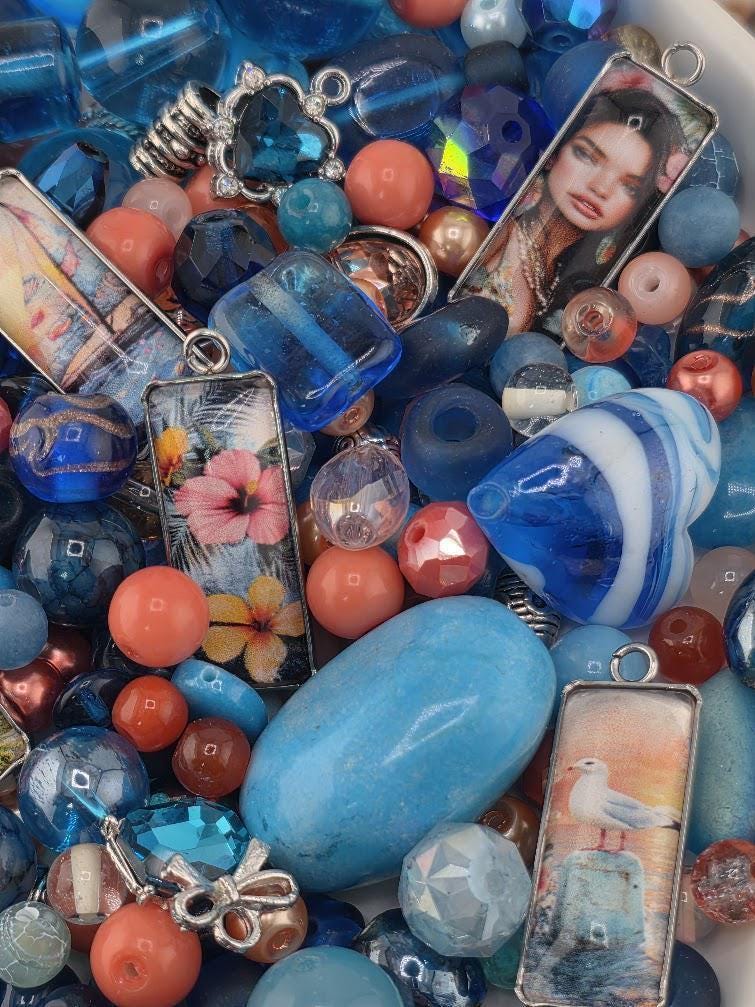 Paradise Cove Bead Soup Mix | Ocean Blue and Coral Glass Beads | Tropical Parrot and Hibiscus Cabochon Pendants | DIY Jewelry Making