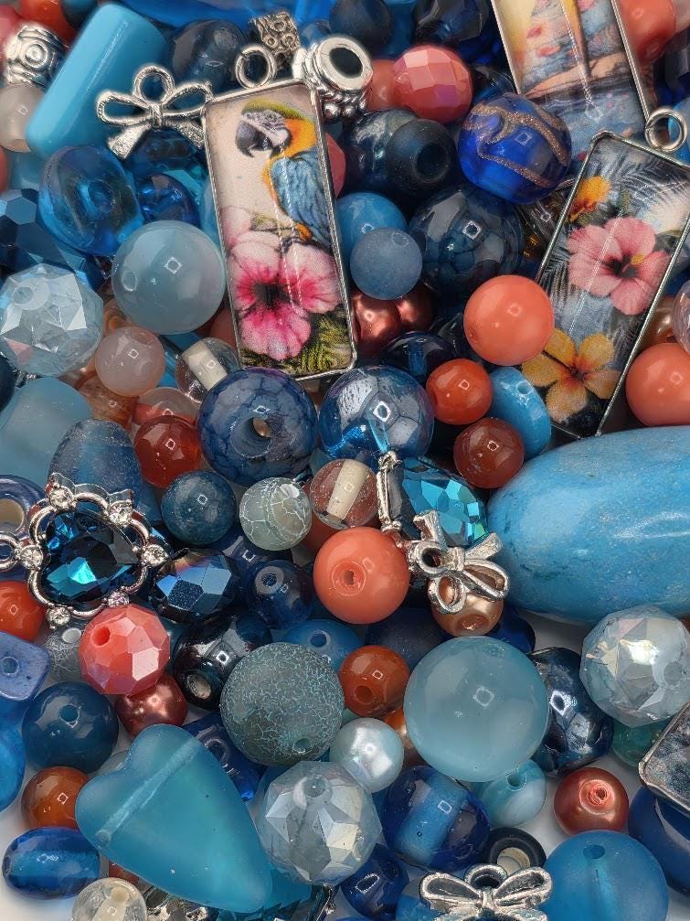 Paradise Cove Bead Soup Mix | Ocean Blue and Coral Glass Beads | Tropical Parrot and Hibiscus Cabochon Pendants | DIY Jewelry Making