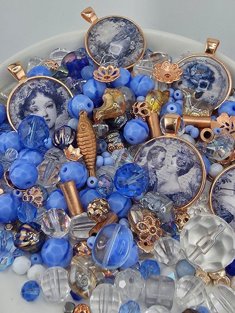 Belle Époque Bead Soup Mix | Periwinkle and Rose Gold Glass Beads | Vintage Portrait Cabochon Pendants | DIY Jewelry Making