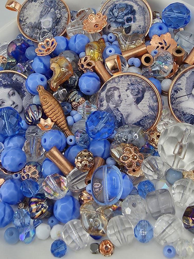 Belle Époque Bead Soup Mix | Periwinkle and Rose Gold Glass Beads | Vintage Portrait Cabochon Pendants | DIY Jewelry Making