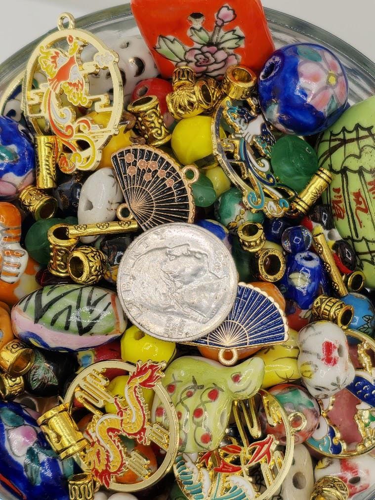 Porcelain Bead Soup Mix - Silk Road | Hand-Painted Porcelain Cloisonne Beads | Cloisonne Fan / Koi Pendants | DIY Jewelry Making Supply
