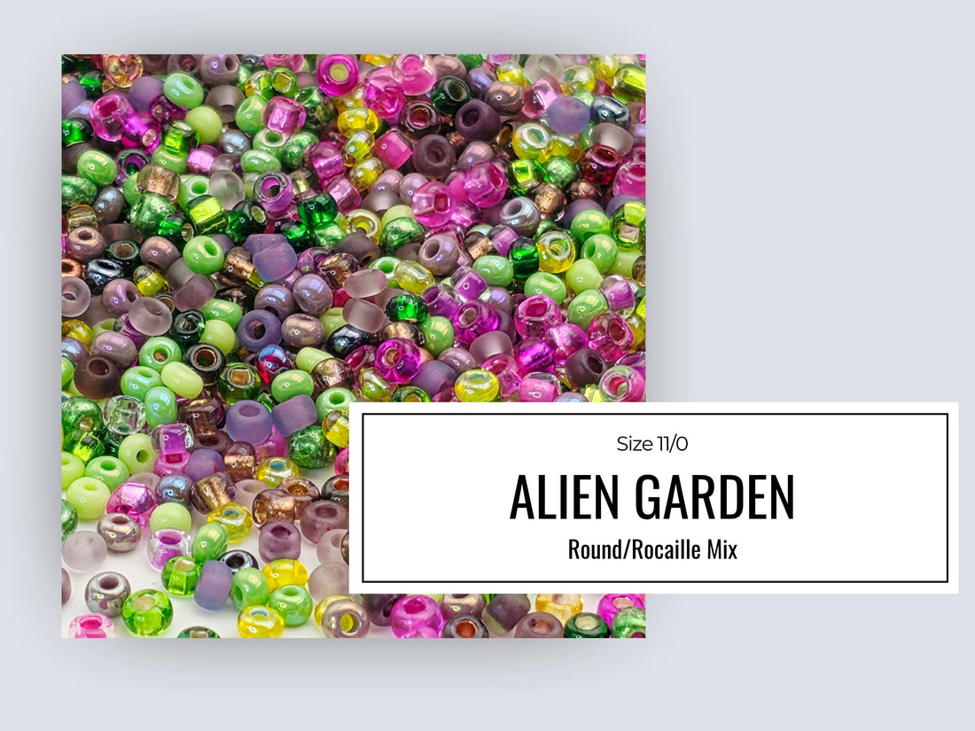 a collection of various colored beads arranged in multiple rows and columns, with a label indicating that they are "CURATED BEAD MIXES" in different sizes.