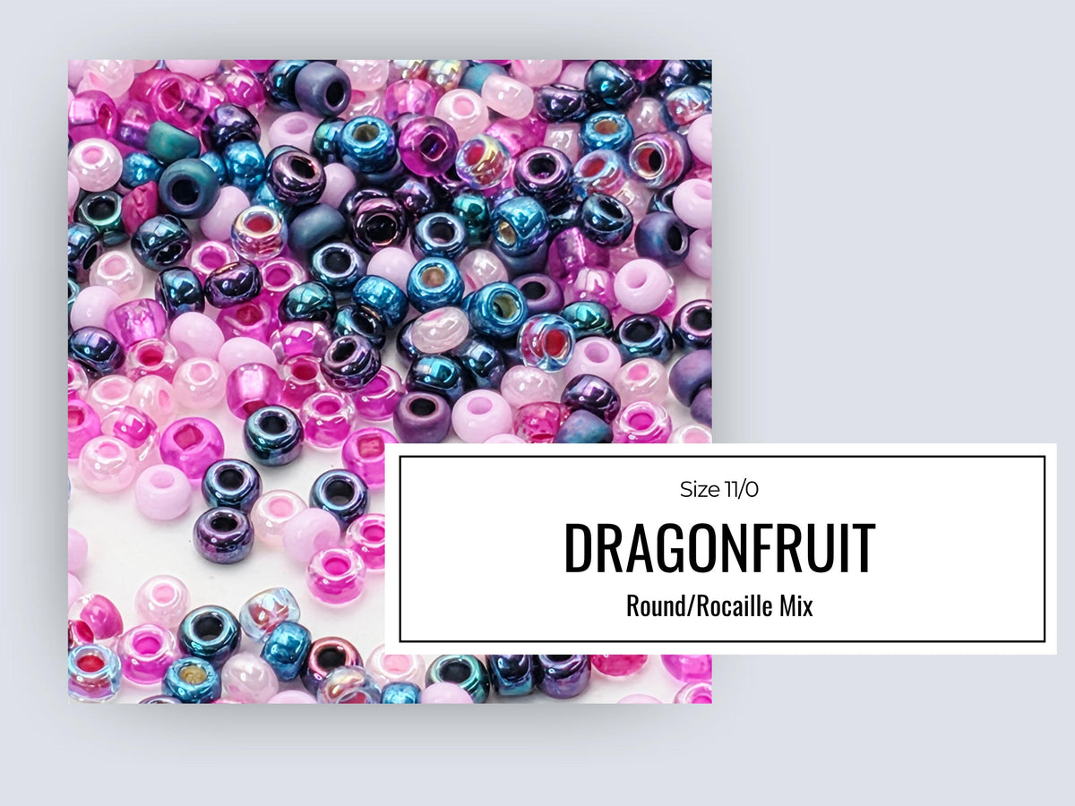 The image is a collage of various colorful beads, including blue, pink, and purple beads, scattered across a white background.