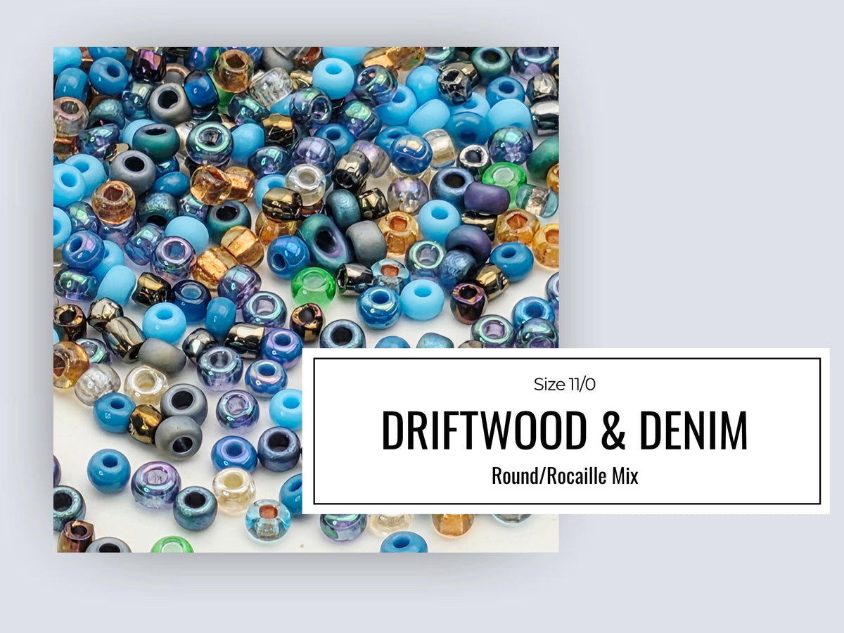 The image is a collage of various colorful beads, including blue, green, and gold beads, scattered across a white background.