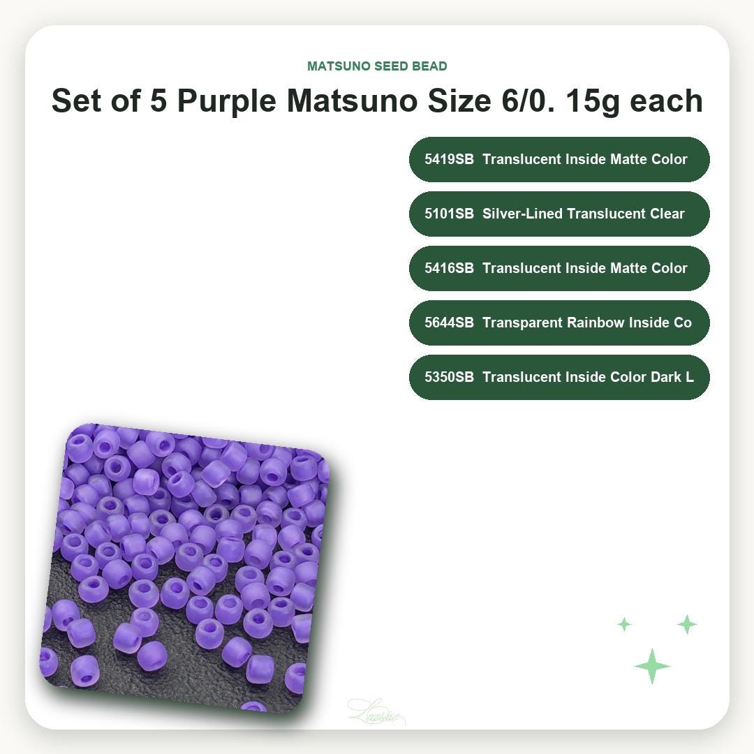 a set of 5 purple Matsuo Size 6/0 beads, each weighing 15g, arranged in a visually appealing manner. The beads are displayed alongside their corresponding colors, which include transparent inside matte colors, silver-lined transparent clear, translucent inside matte color, translucent inside rainbow color, and translucent inside dark color.