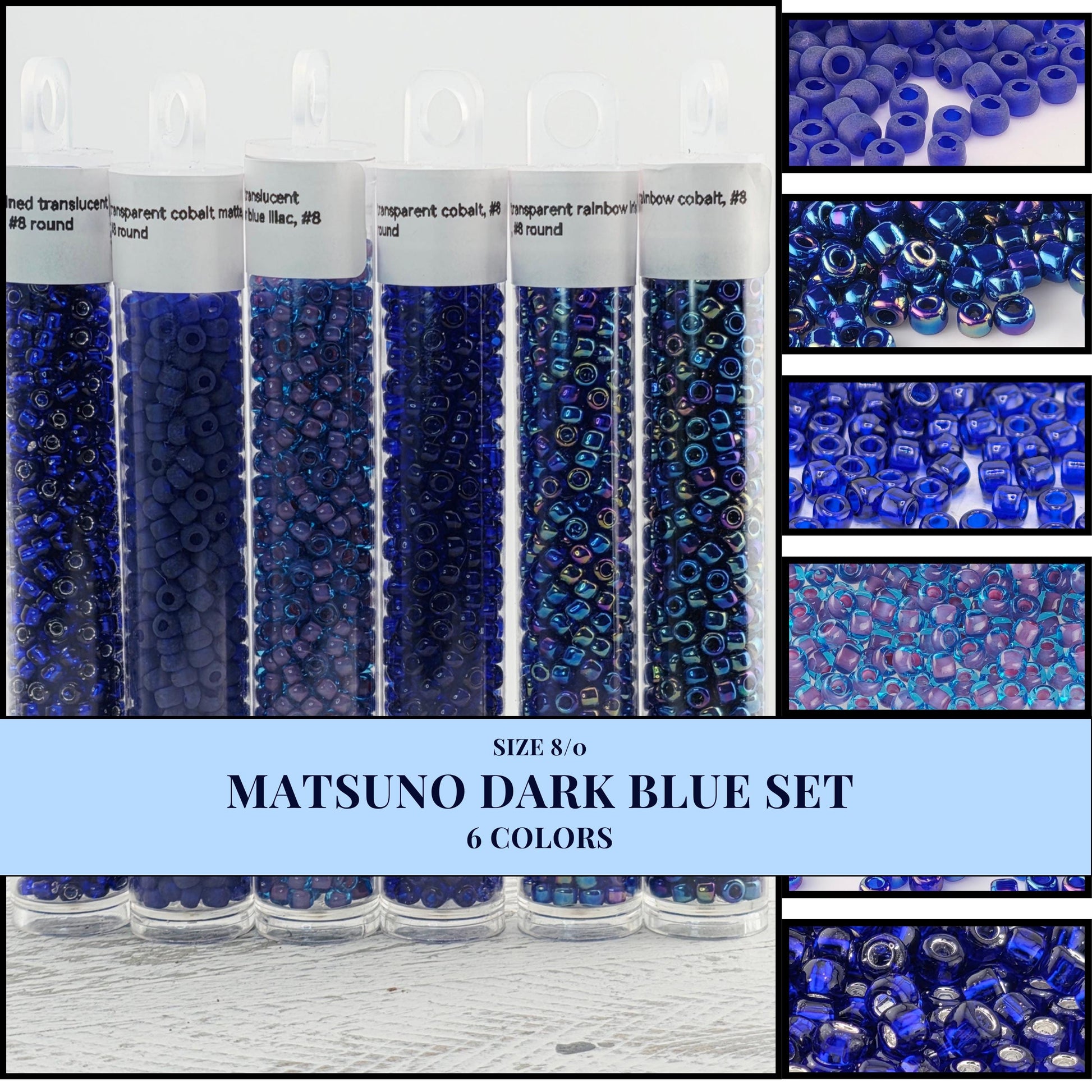 The image is a collage of six images showing different shades of blue beads in a Matsuno set. The images display the beads in various sizes and colors, showcasing the variety of the set.