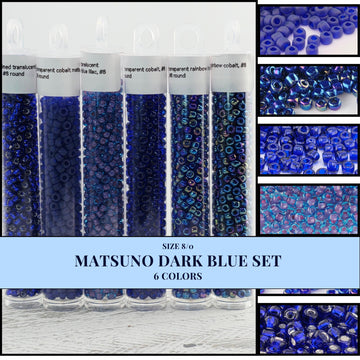 The image is a collage of six images showing different shades of blue beads in a Matsuno set. The images display the beads in various sizes and colors, showcasing the variety of the set.