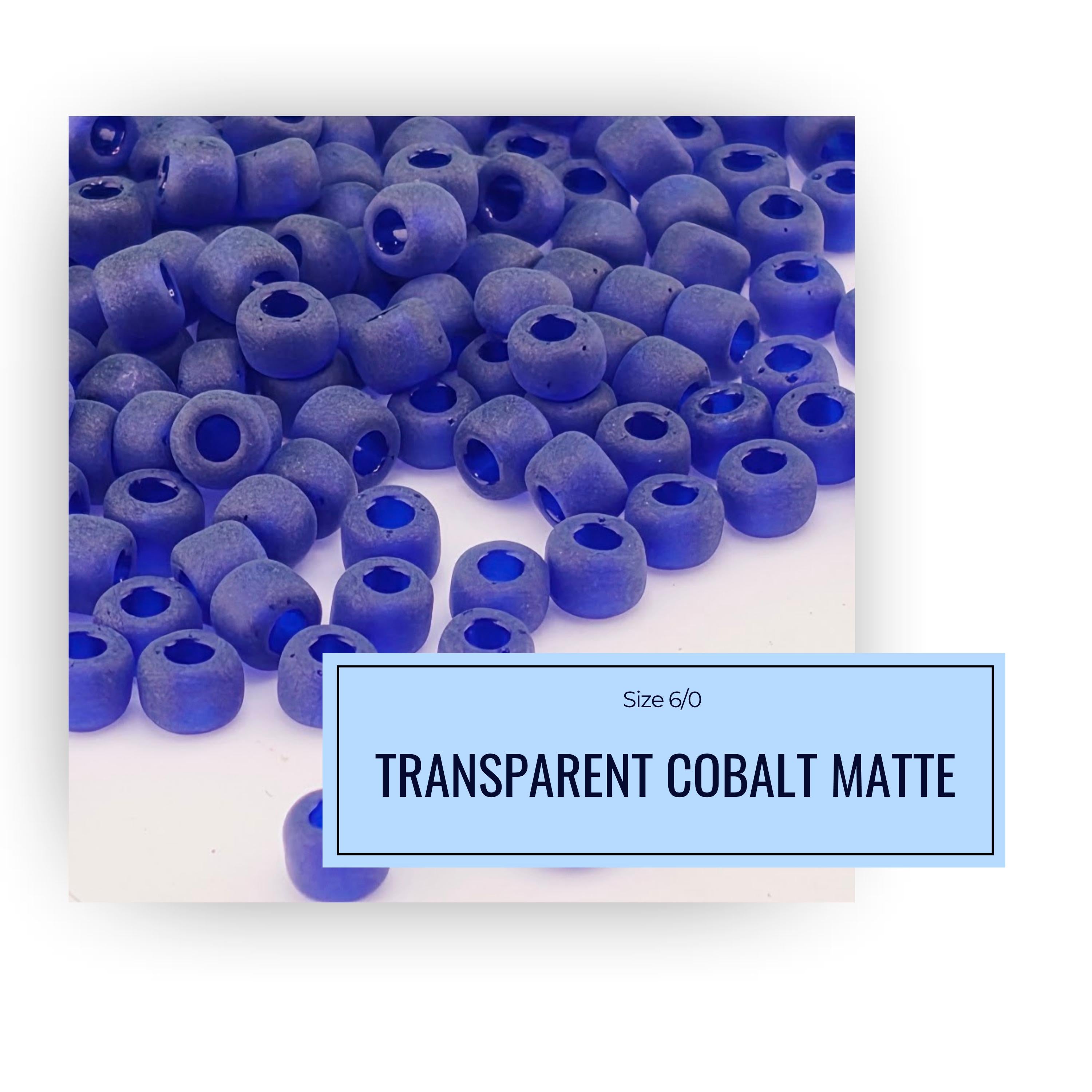 a collection of blue cobalt matte beads or stones, with a label indicating the size and material.