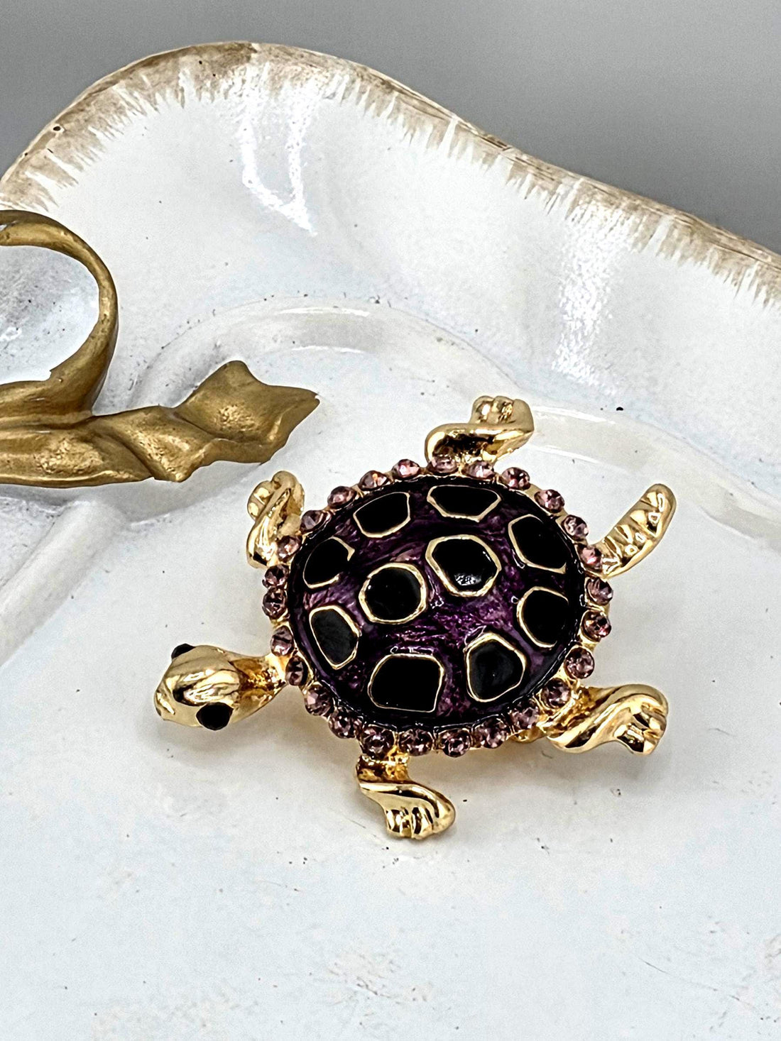 Gold Plated Turtle Brooch, Amethyst Rhinestone | Delicate Lightweight Pin