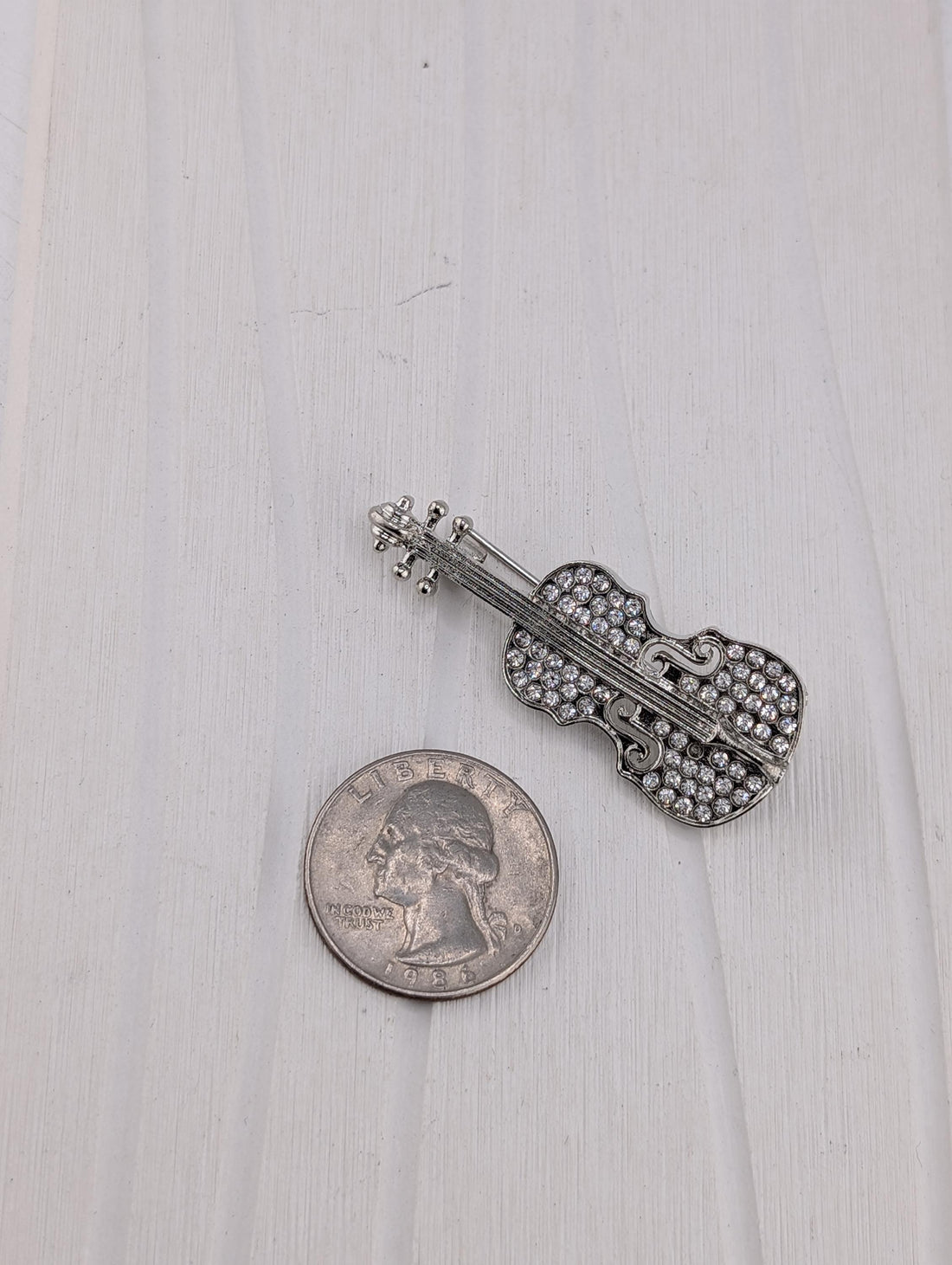 Ornate Violin Brooch, Silver-Plated | Rhinestone Accents | Compact Pin