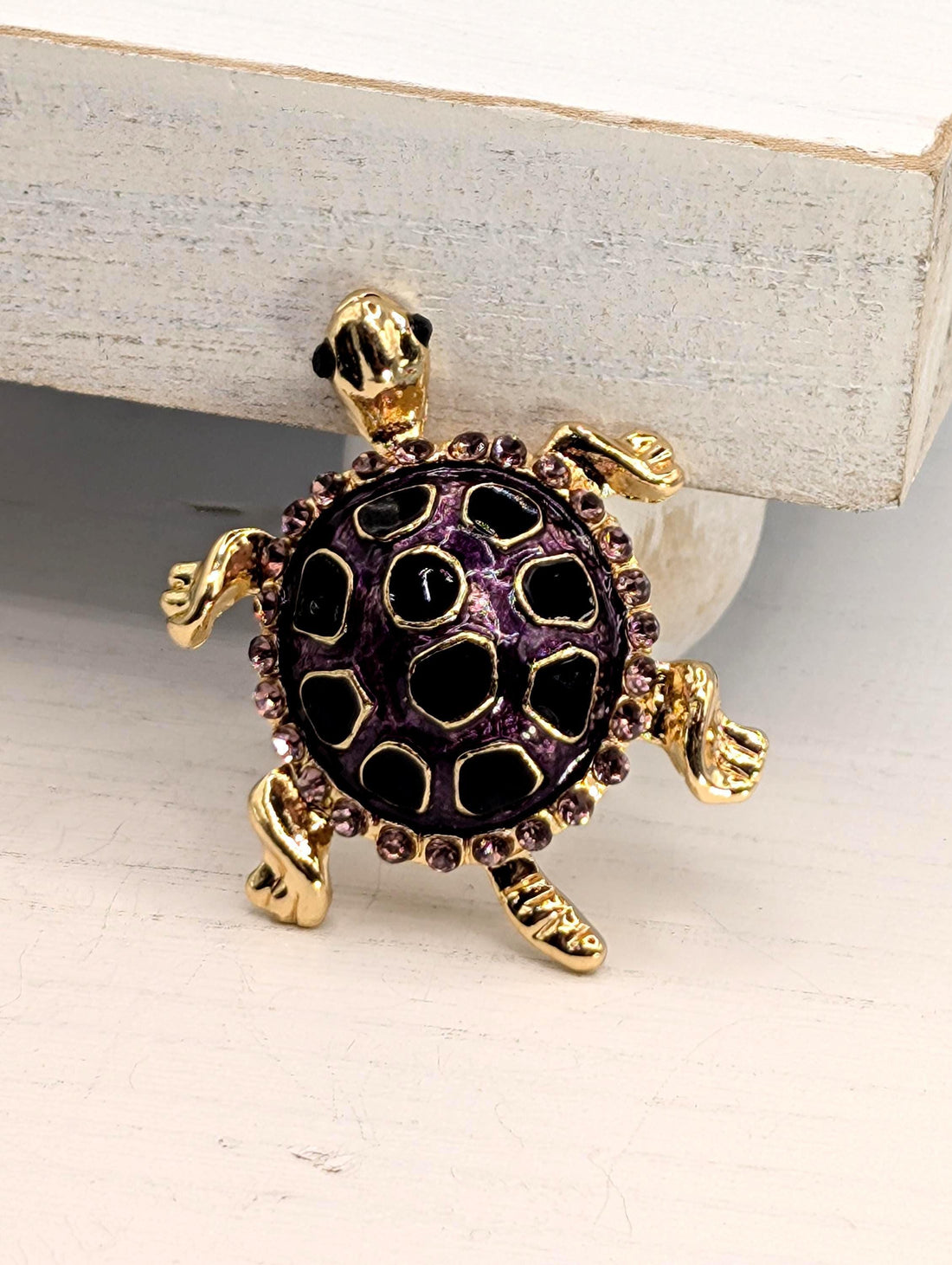 Gold Plated Turtle Brooch, Amethyst Rhinestone | Delicate Lightweight Pin