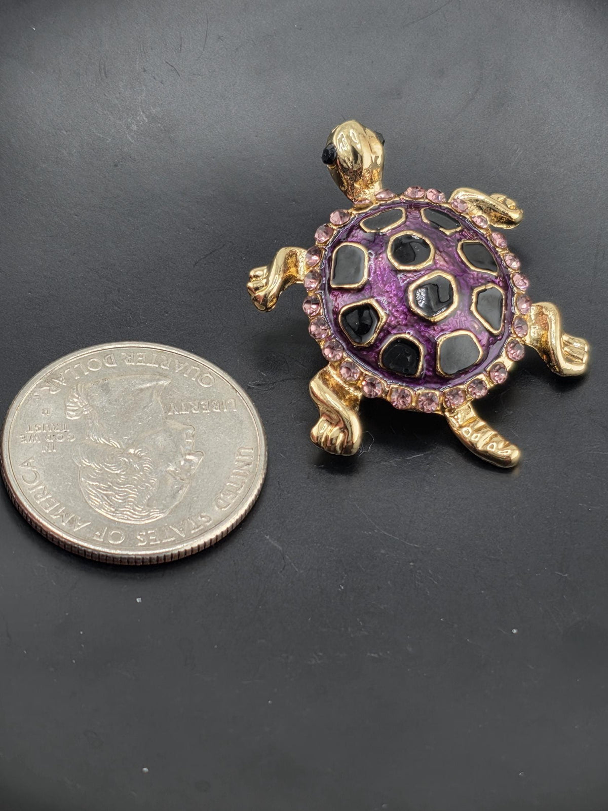 Gold Plated Turtle Brooch, Amethyst Rhinestone | Delicate Lightweight Pin