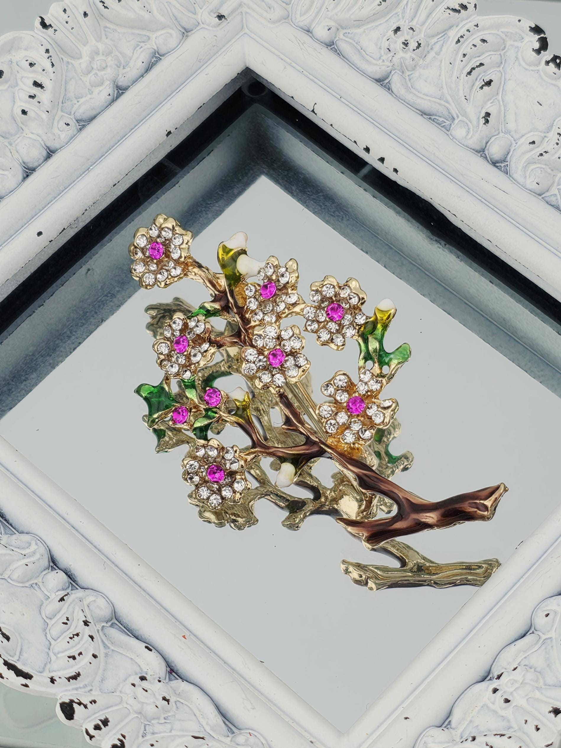 Plum Blossom Brooch - Vintage Sparkling Rhinestone Pin
