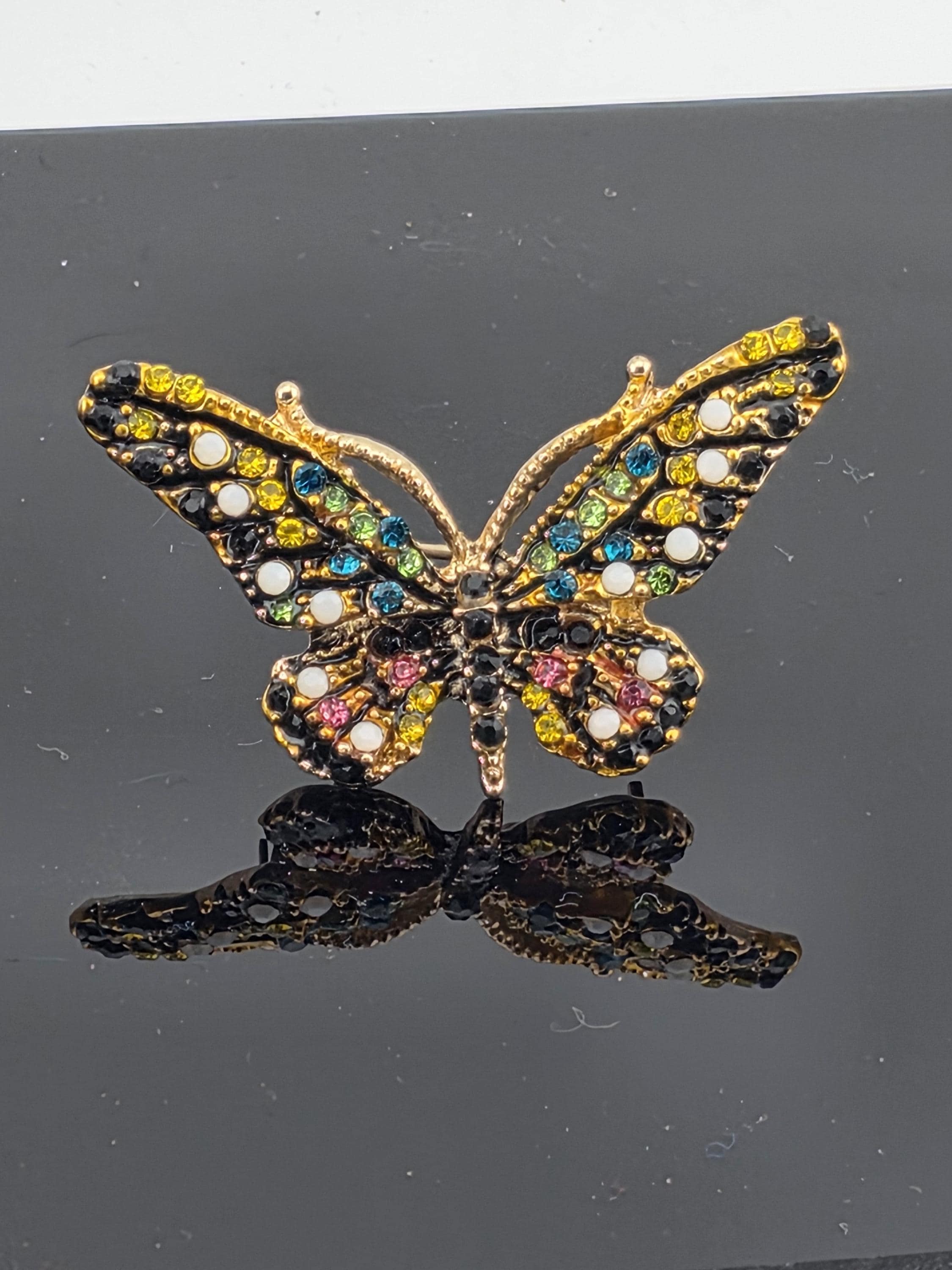 Yellow Enamel Brooch Pin - Gold Plated with Rhinestone Detail