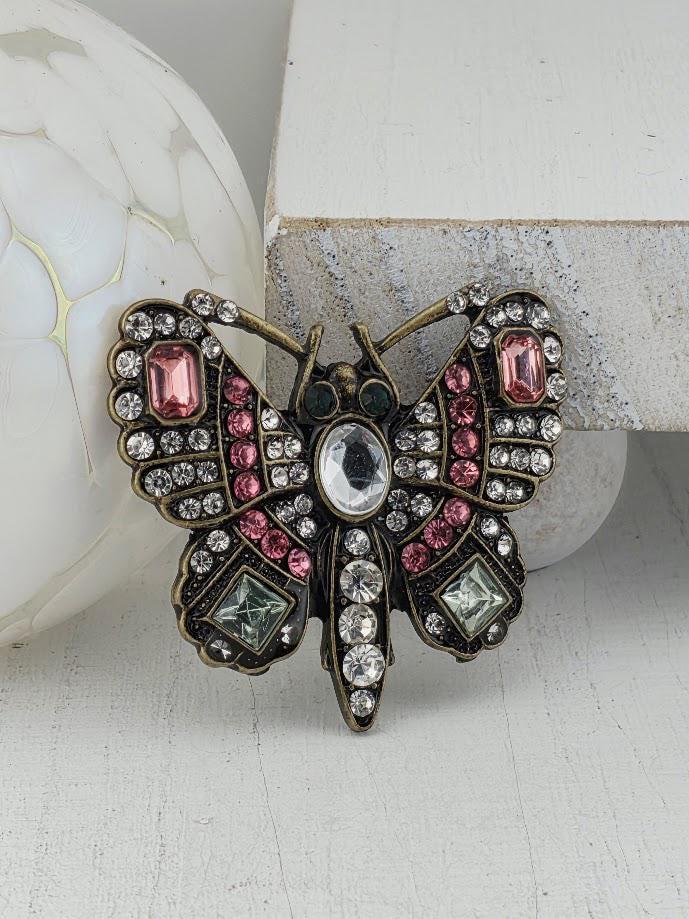 Butterfly Brooch: Vintage Patina Look - Soft Pink Details