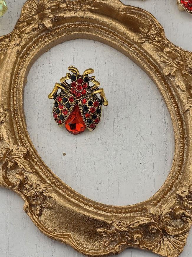 Beetle Brooch, Vintage Gold Plated | Red Crystal | Nature Pin