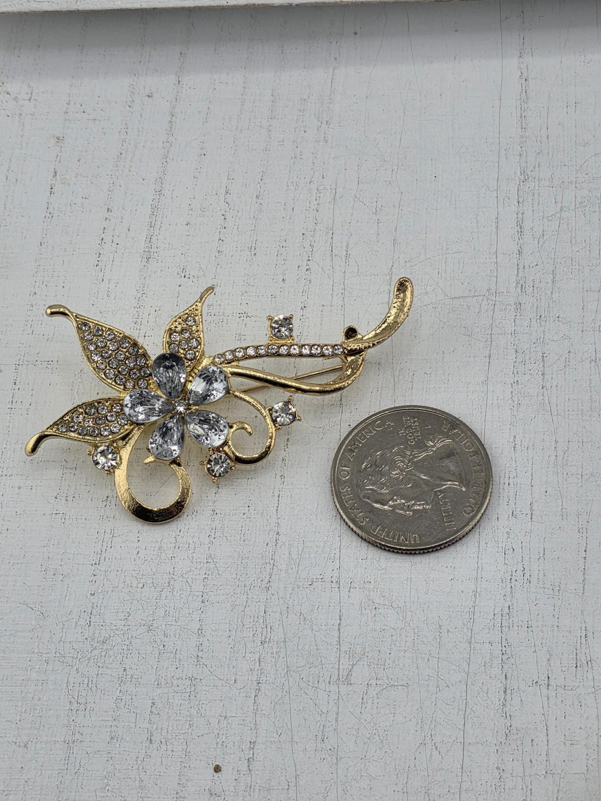 Gold Plated Flower Brooch, Sparkling CZ Stones | 1.5 Inch Pin | Bridal Accessory