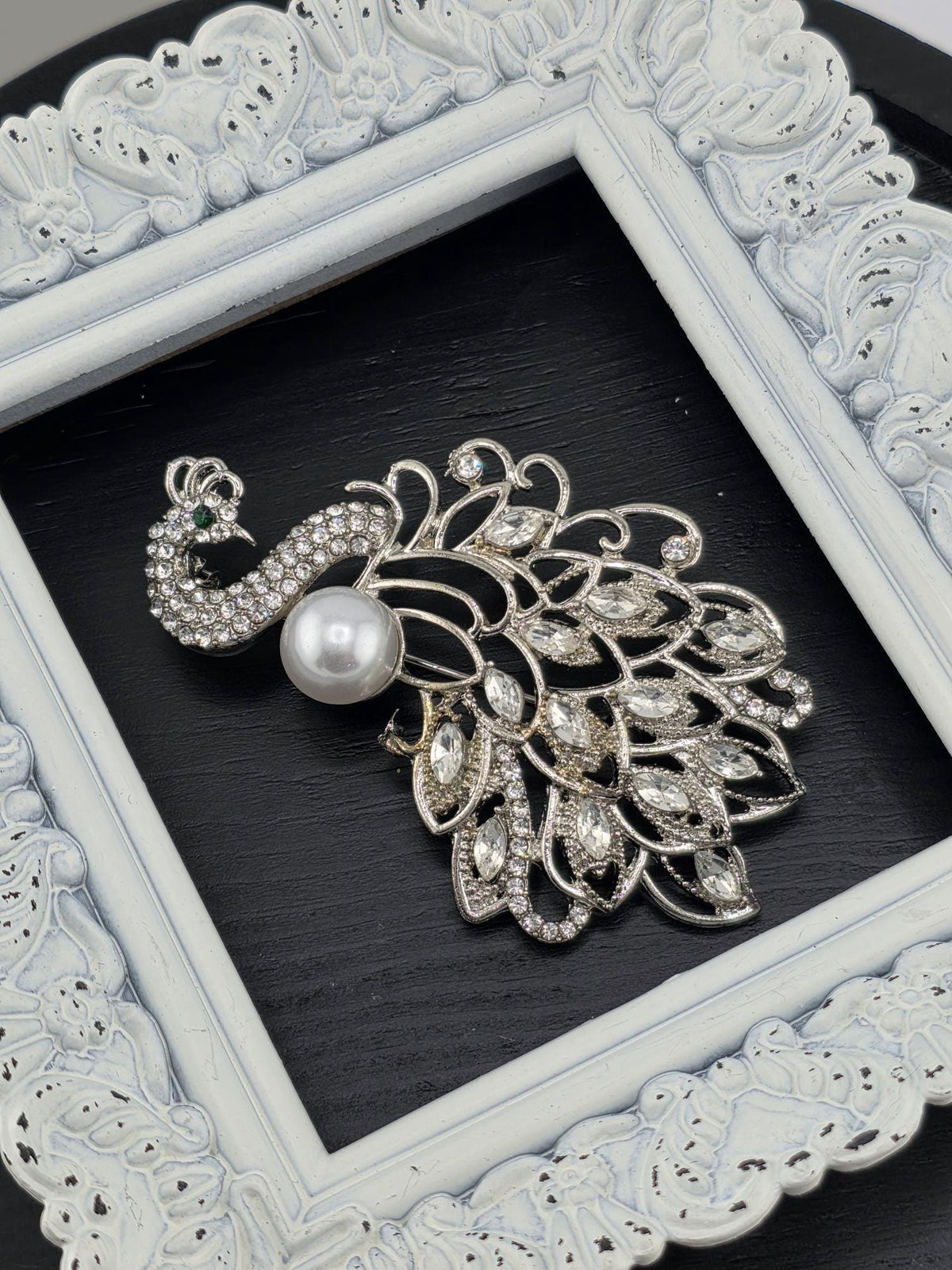 CZ Peacock Brooch Pin, Silver Plated | Rhinestone Feather Motif, Vintage Style