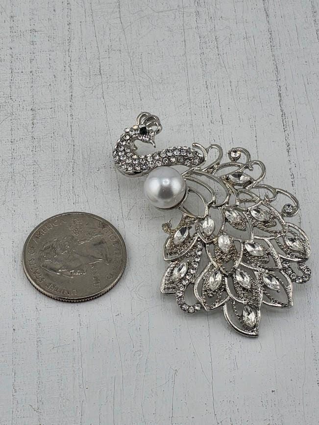 CZ Peacock Brooch Pin, Silver Plated | Rhinestone Feather Motif, Vintage Style