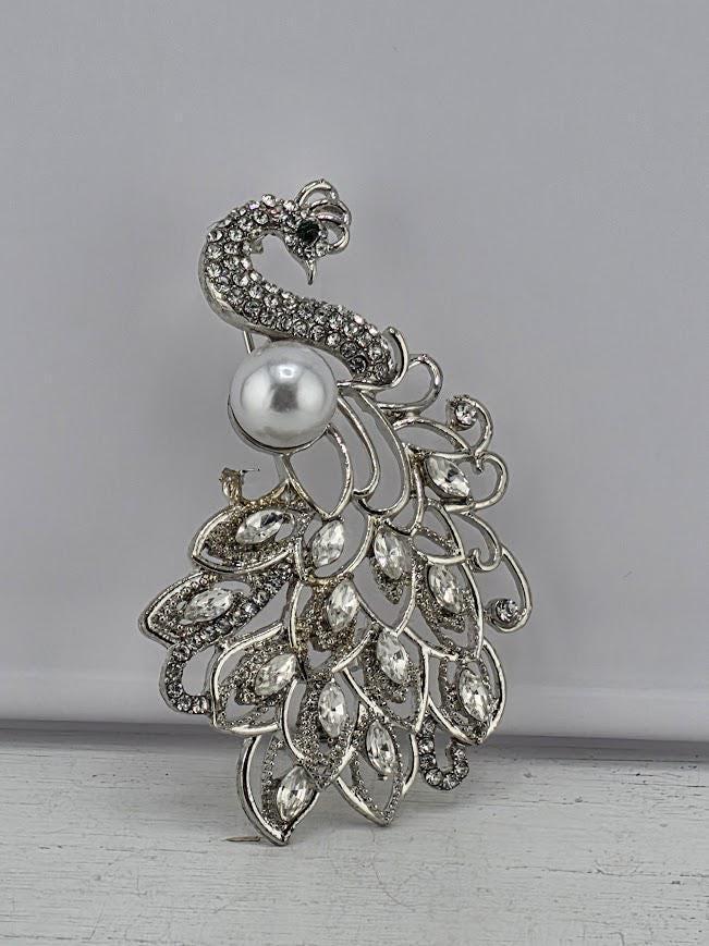CZ Peacock Brooch Pin, Silver Plated | Rhinestone Feather Motif, Vintage Style