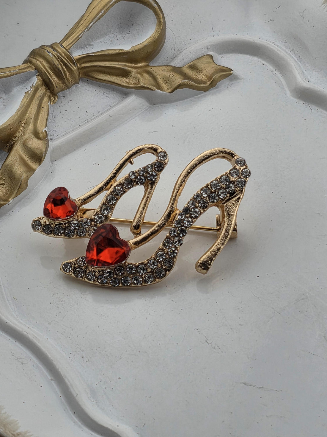 Gold Plated High Heel Brooch, Ruby Rhinestone | Vintage Glamour Pin