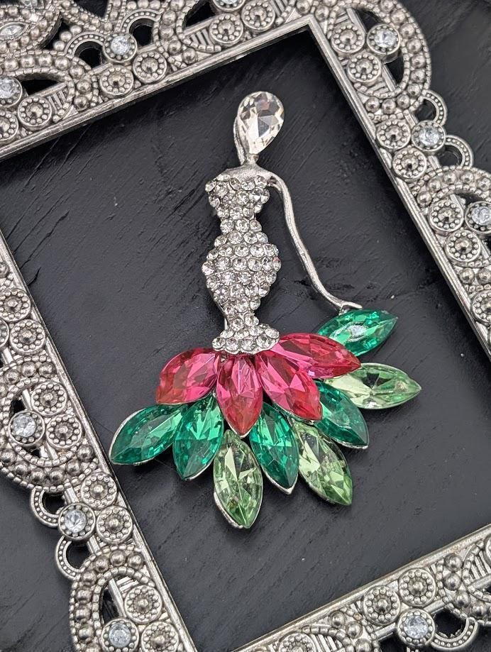 Elegant Lady Pin, Vintage Silver Tone | Pink & Green Rhinestones | Collector Gift