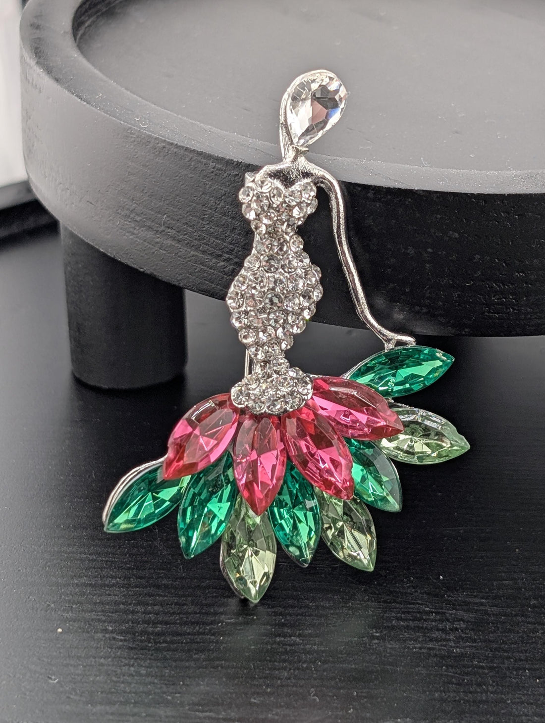 Elegant Lady Pin, Vintage Silver Tone | Pink & Green Rhinestones | Collector Gift