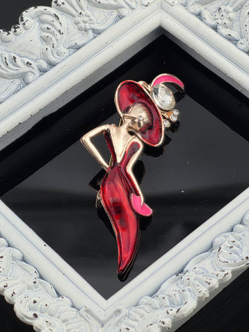 Lady in Red Brooch, Rose Gold Plated with Rhinestones (Compact Pin)