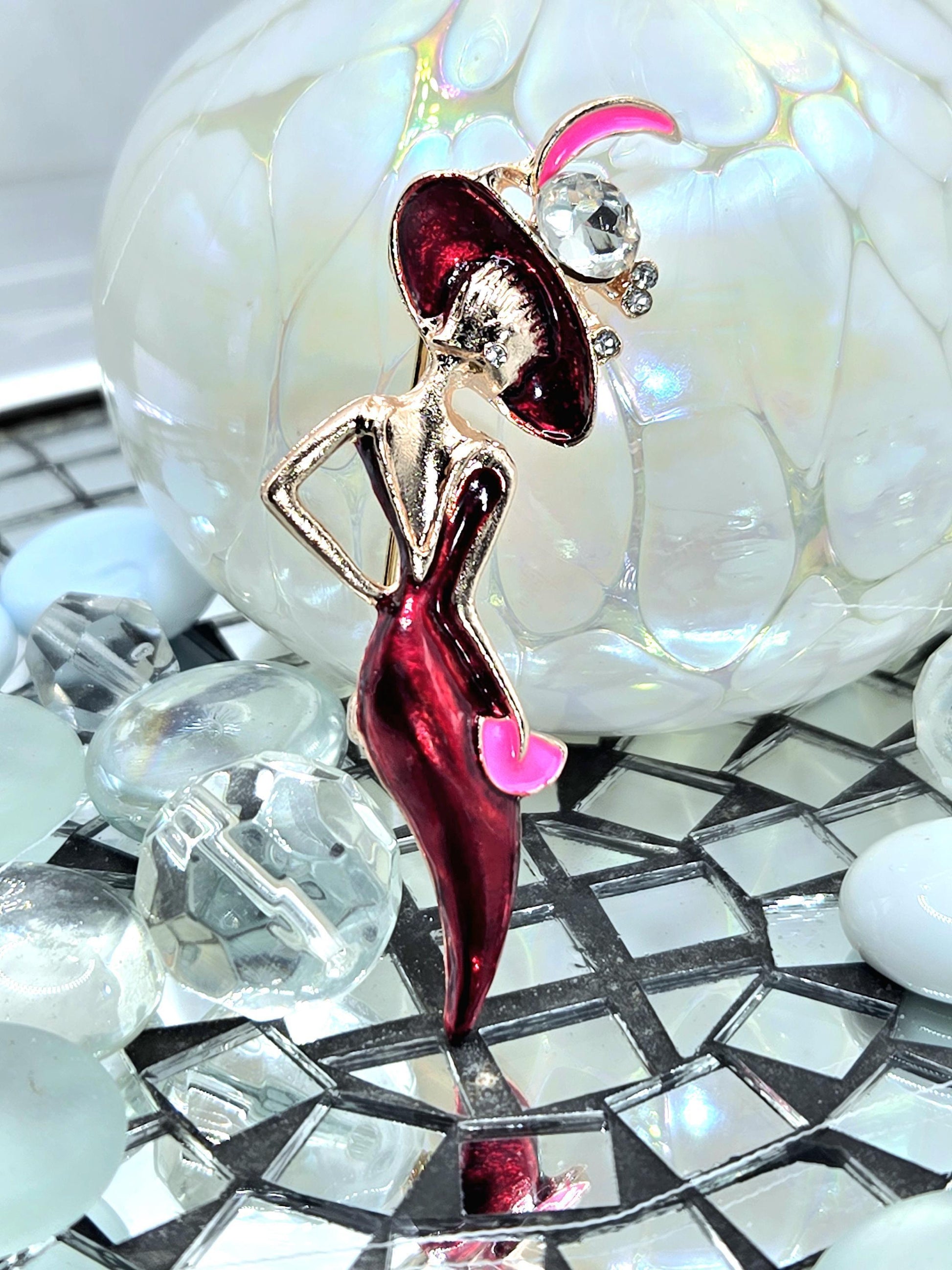 Lady in Red Brooch, Rose Gold Plated with Rhinestones (Compact Pin)