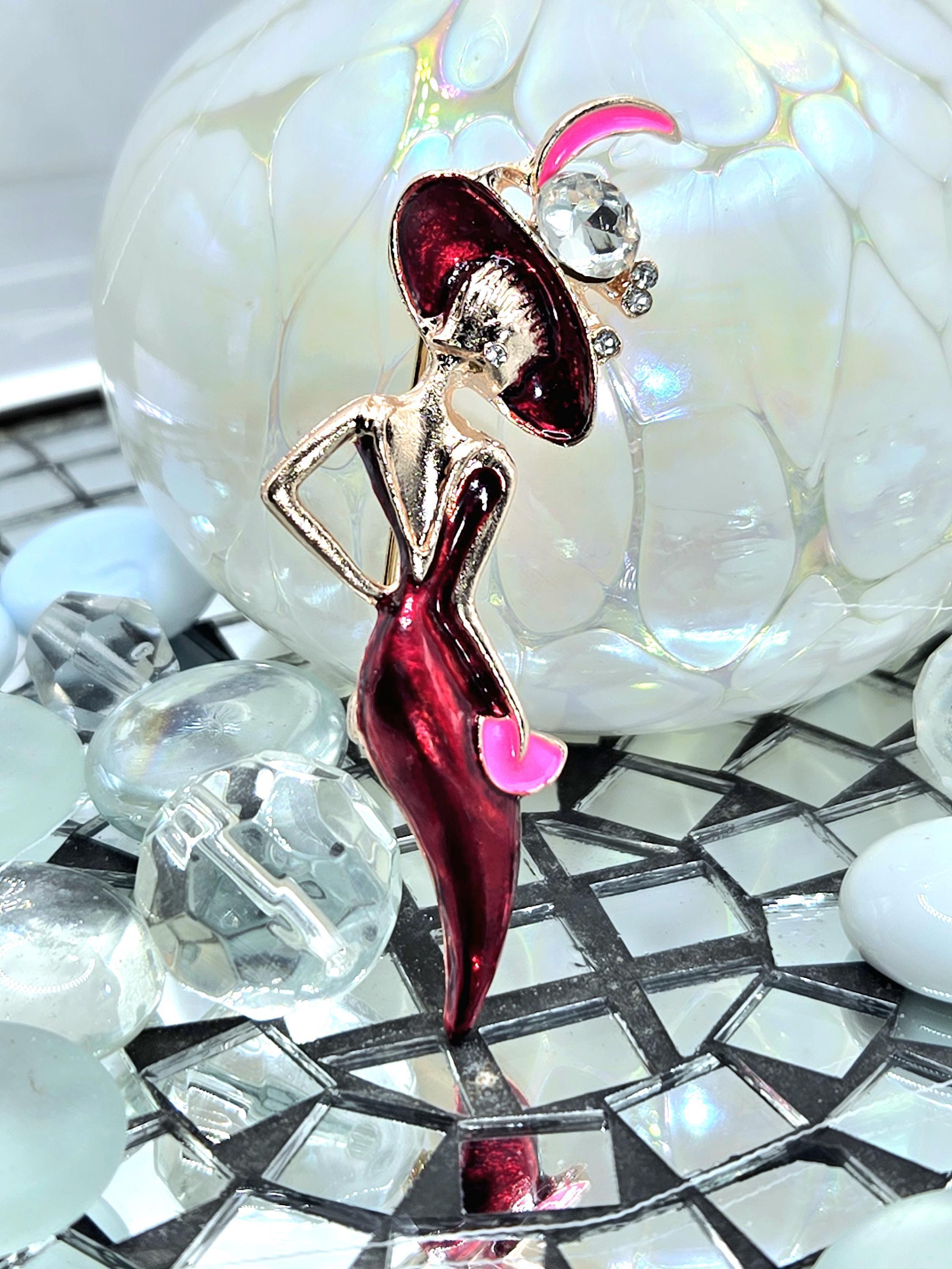 Lady in Red Brooch, Rose Gold Plated with Rhinestones (Compact Pin)