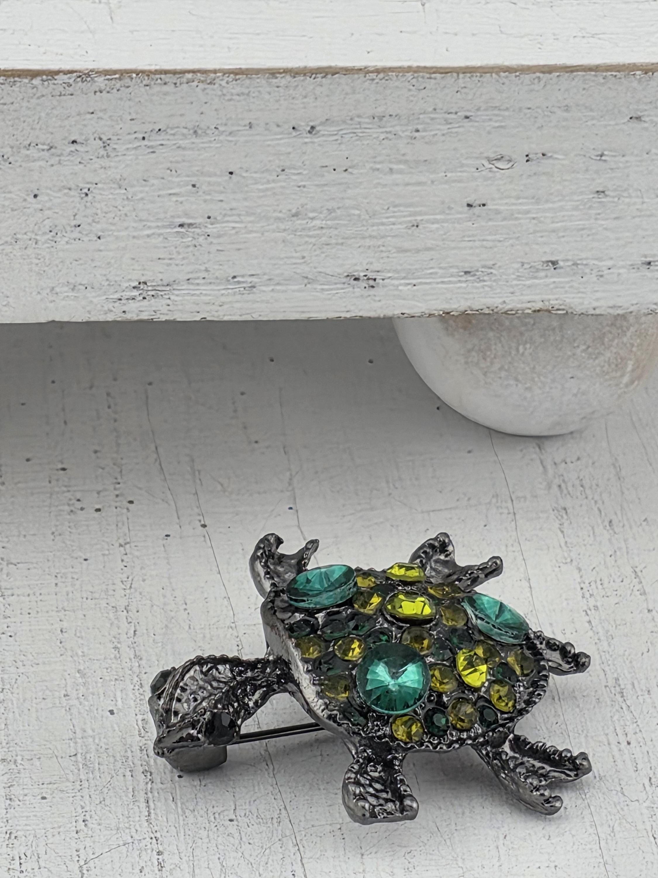 Ocean Turtle Pin, Gunmetal with Teal Accents (Lightweight Brooch)