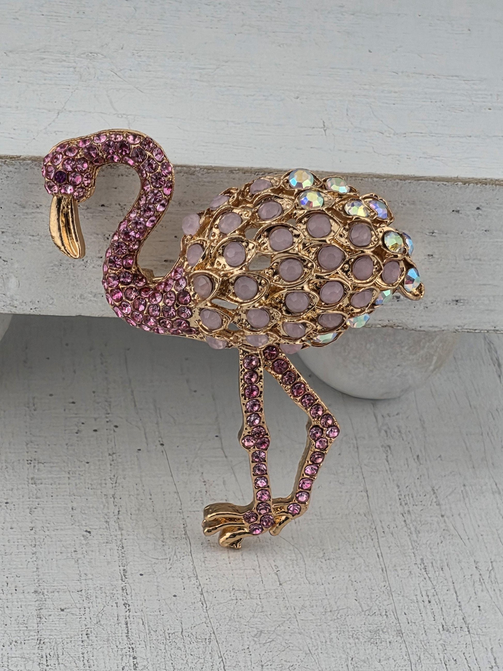 Flamingo Brooch: Gold Plated with Pink Accent - Lightweight Design