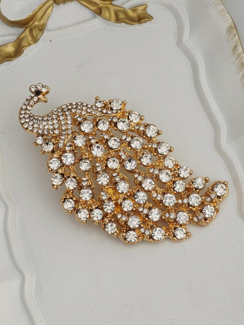 Peacock Brooch: Golden Rhinestone Crystal Pin (Compact, Gold Plated)