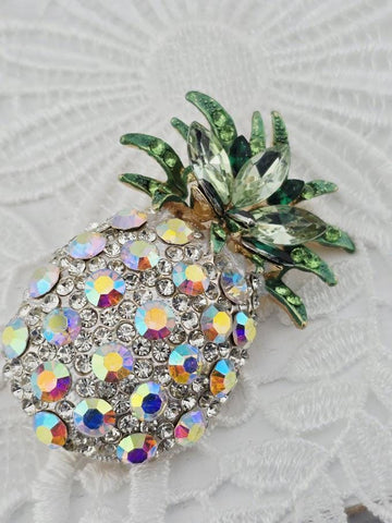 Pineapple Pendant: Gold Tone with Crystal Rhinestones, Green Leaf