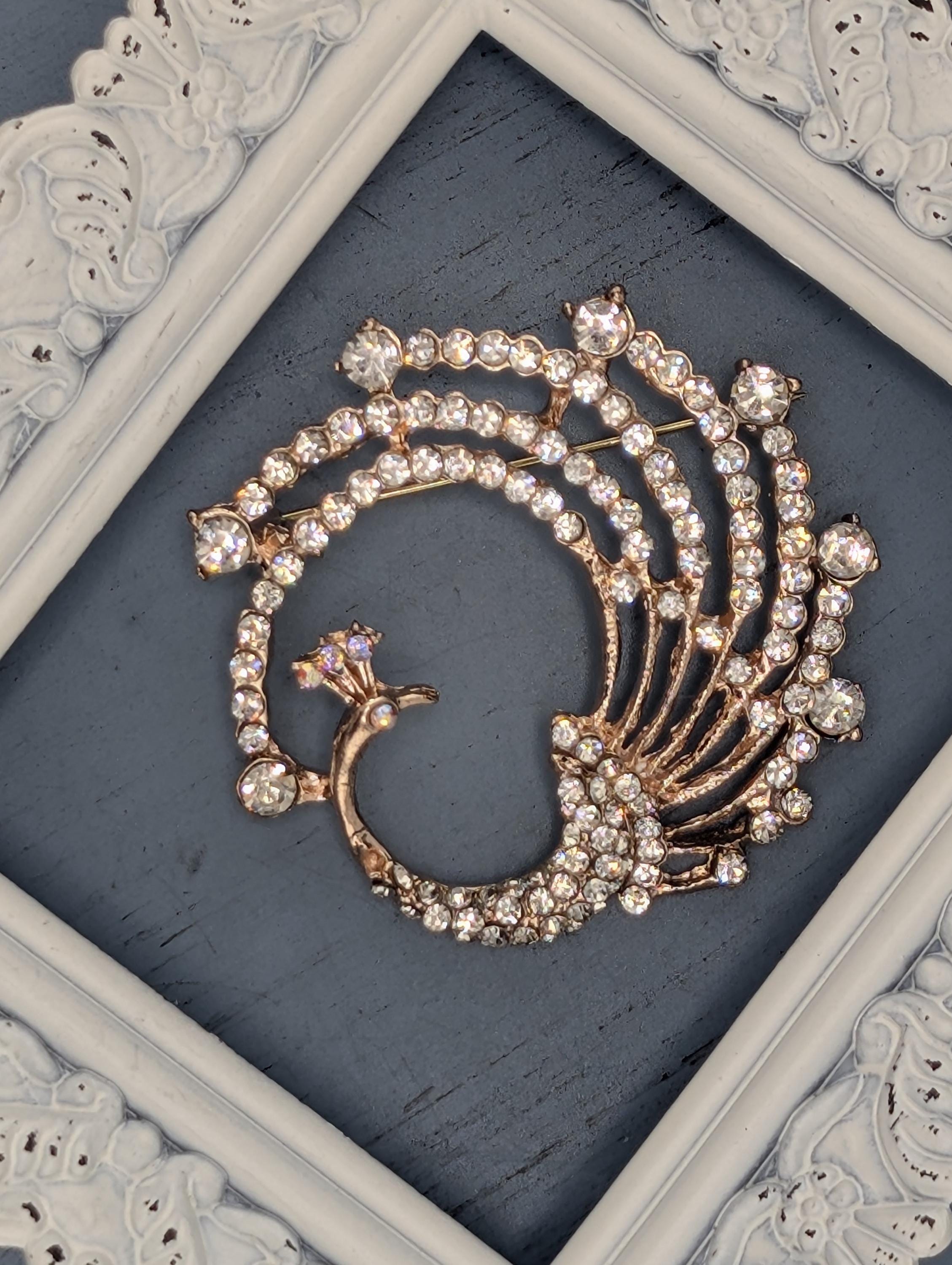 Peacock Brooch Pin - Rose Gold Plated with Rhinestones