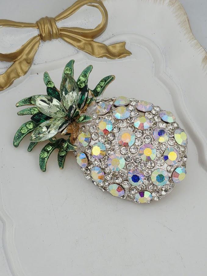 Pineapple Pendant: Gold Tone with Crystal Rhinestones, Green Leaf