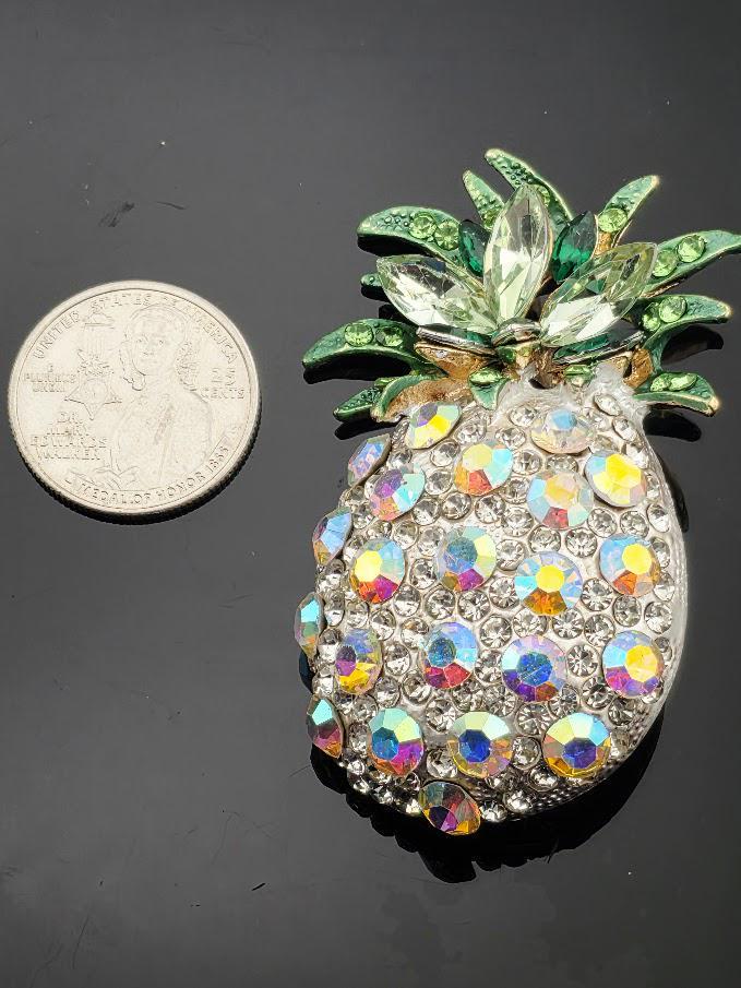 Pineapple Pendant: Gold Tone with Crystal Rhinestones, Green Leaf