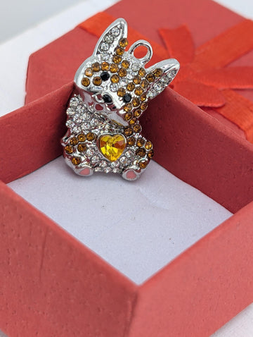 Silver Corgi Pendant - Yellow Heart and Sparkling Rhinestones
