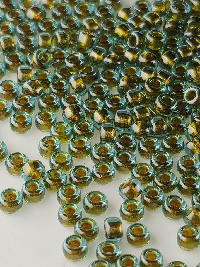 Miyuki Rocaille Size 8 | Crystal/Olive Green Inside Color Lined | 20g Pkg
