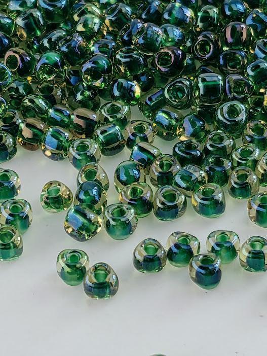 Miyuki Triangle Beads, Amber/Green Inside Color Lined | Size 8/0 | 15g Pack