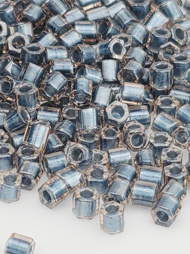 TOHO Hex 8/0 Beads, Inside-Color Crystal/Metallic Blue-Lined | 2.5" Tube | Japanese Glass