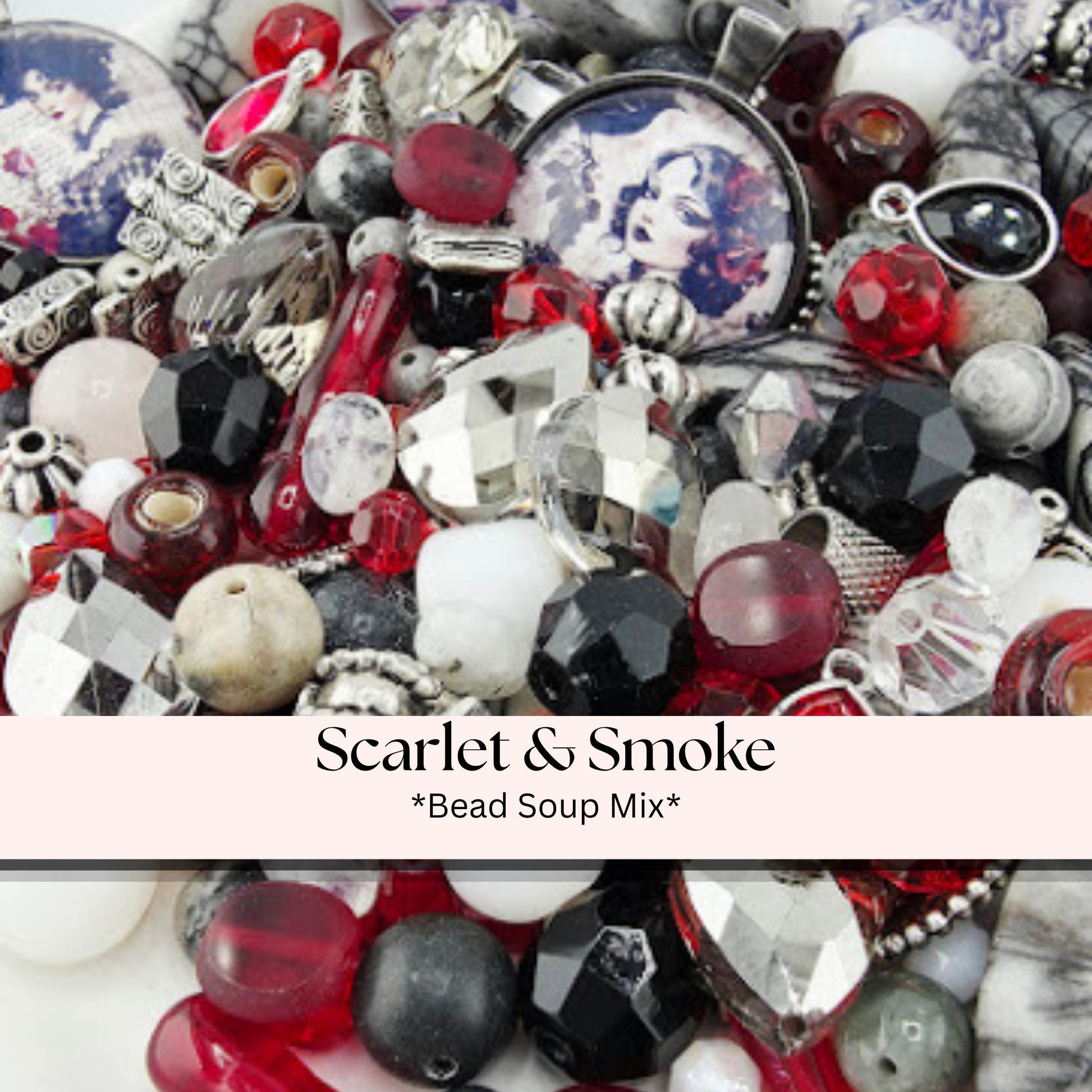Scarlet and Smoke Bead Soup Mix | Scarlet Red and Black Glass Beads | Gothic Portrait Cabochon Pendants | DIY Jewelry Making