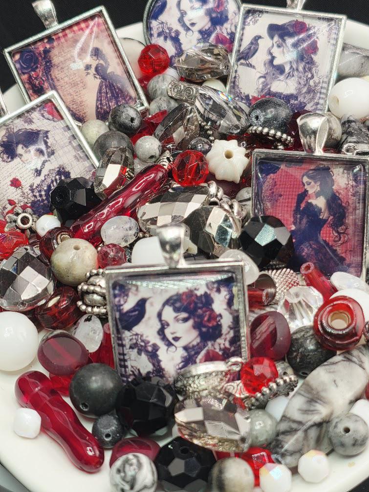 Scarlet and Smoke Bead Soup Mix | Scarlet Red and Black Glass Beads | Gothic Portrait Cabochon Pendants | DIY Jewelry Making