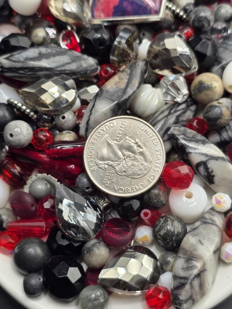 Scarlet and Smoke Bead Soup Mix | Scarlet Red and Black Glass Beads | Gothic Portrait Cabochon Pendants | DIY Jewelry Making