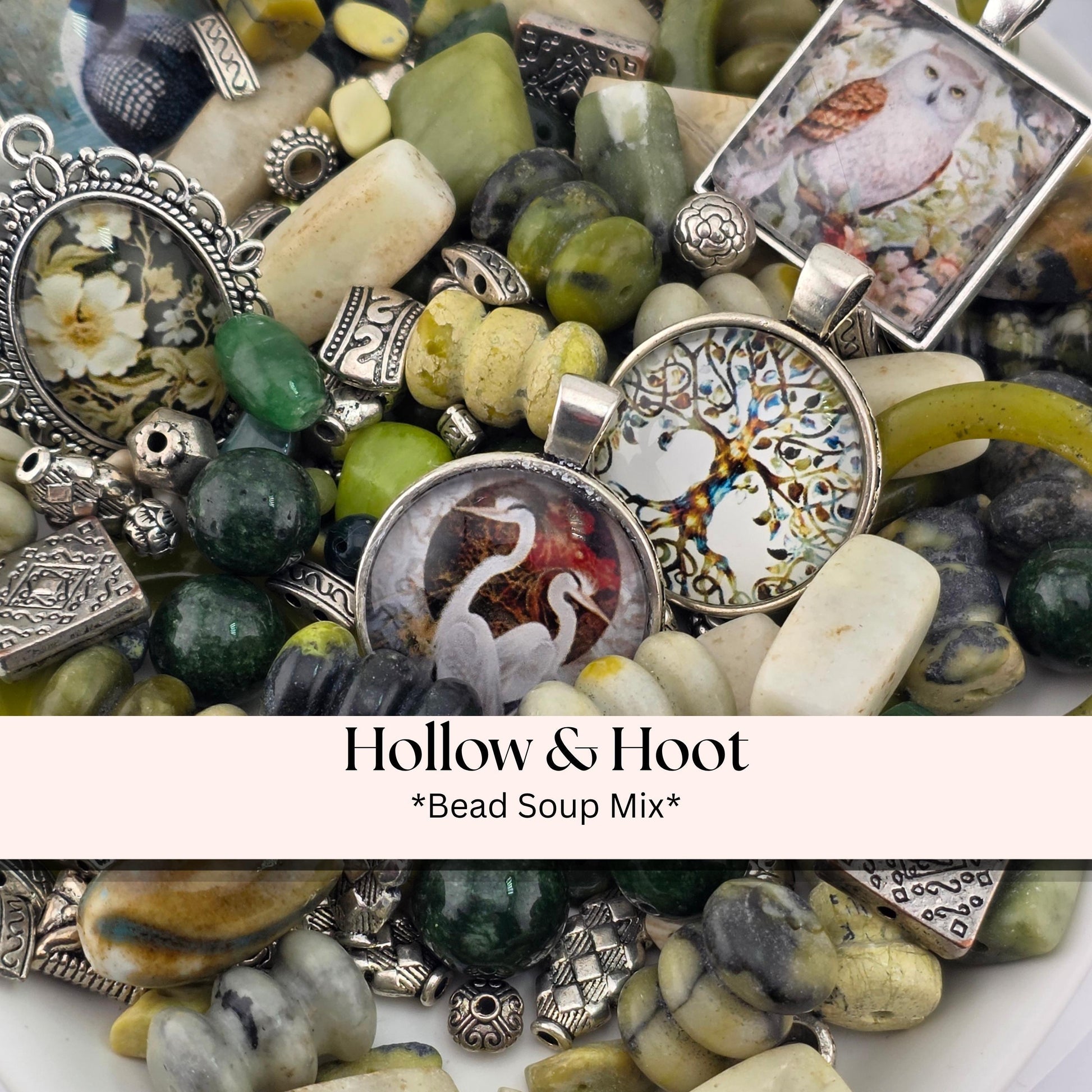 Hollow and Hoot Bead Soup Mix | Mossy Green and Cream Glass Beads | Owl and Tree of Life Cabochon Pendants | DIY Jewelry Making