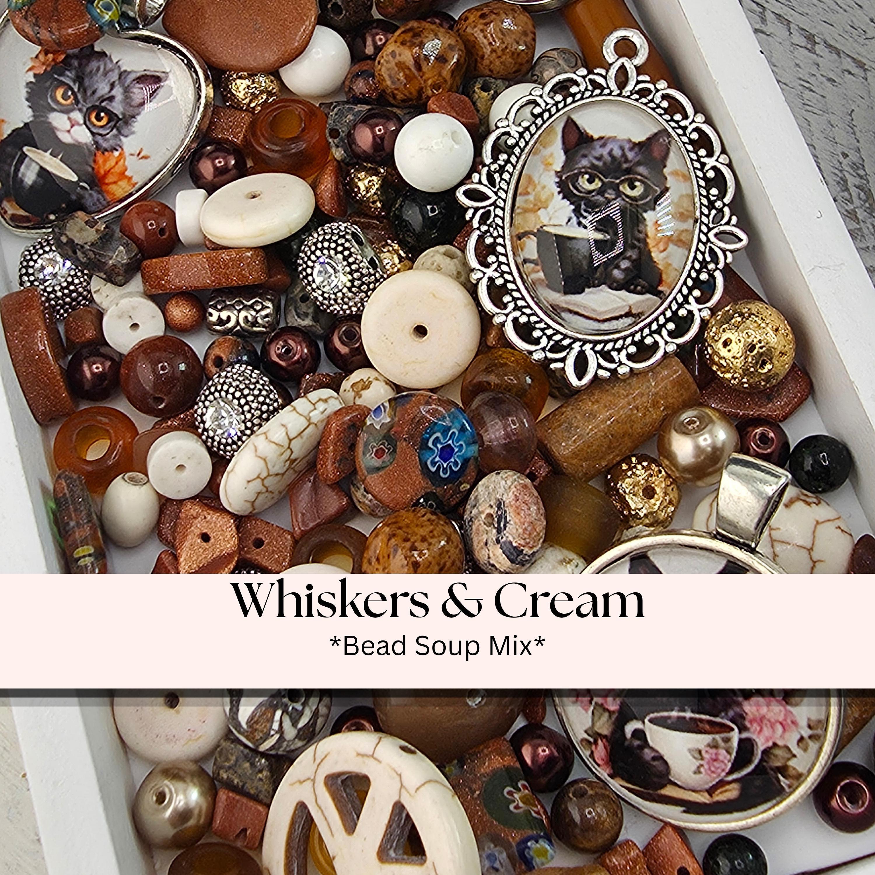 Whiskers and Cream Bead Soup Mix | Warm Brown and Cream Glass Beads | Cat Cabochon Pendants | DIY Jewelry Making | Learise Curated Mix