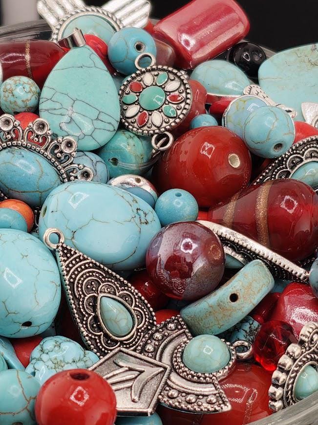 Santa Fe Bead Soup Mix | Turquoise Red Coral Glass Beads | Silver Thunderbird Concho Pendants | DIY Jewelry Making | Learise Curated Mix