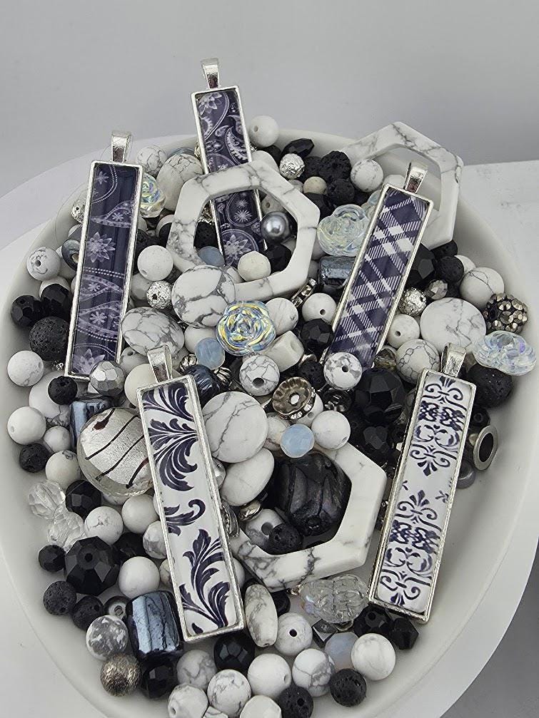 Smoke and Silver Bead Soup Mix | Black and White Damask Glass Beads | Toile Bar Cabochon Pendants | DIY Jewelry Making | Learise Curated Mix