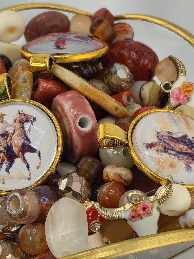 Desert Sundance Bead Soup Mix | Rust and Cream Glass Beads | Cowboy and Horse Cabochon Pendants | DIY Jewelry Making | Learise Curated Mix